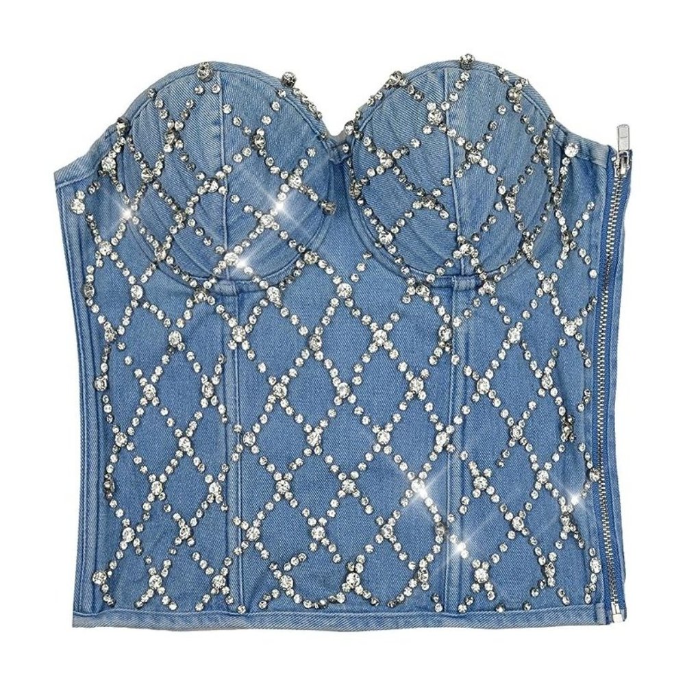 NEW Sparkling Bling Swarovski Crystal Rhinestone Denim Jeans Bustier Bra… - Picture 6 of 10